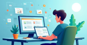 Pessoa escolhendo curso online de marketing digital em laptop moderno com gráficos e ícones de vendas digitais ao fundo