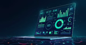 Interface digital com gráficos de desempenho de leads e ícones digitais representando geração de leads em 2025